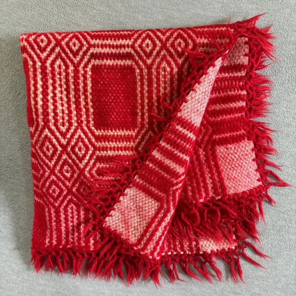 Vintage‎ Greek Wool Karameloti Woven Red  Blanket Hand Loomed Textile Boho Throw